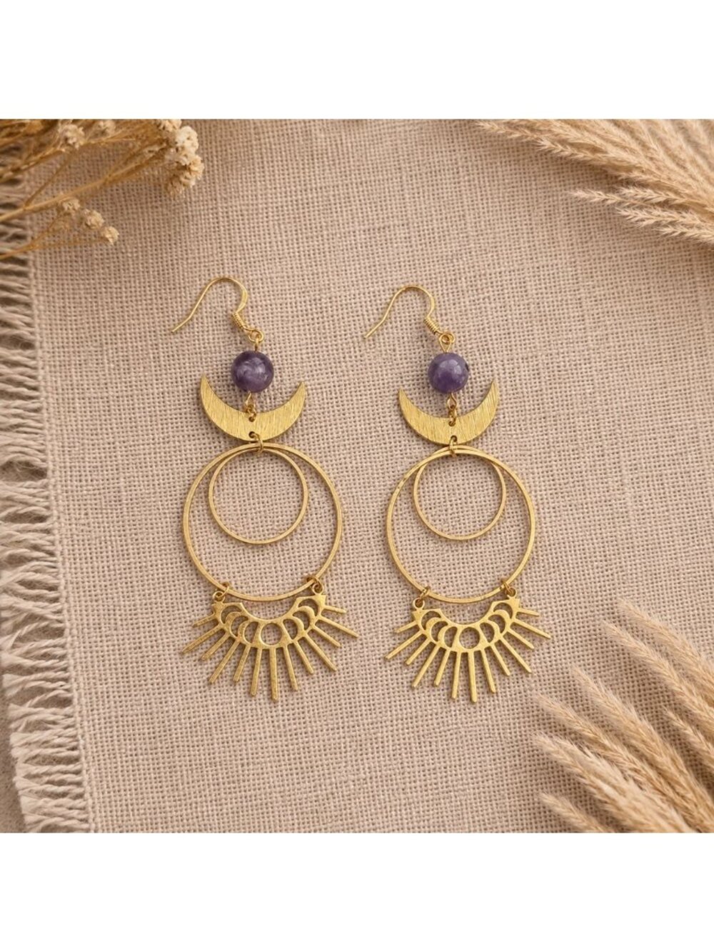 Amethyst Moon Earrings Celestial Earrings Boho Statement Earrings Purple Gem